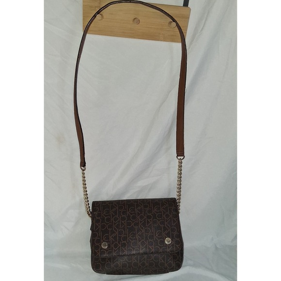 CK Calvin Klein Susan Saffiano Leather Signature Crossbody Bag Brown Monogram - Picture 9 of 10
